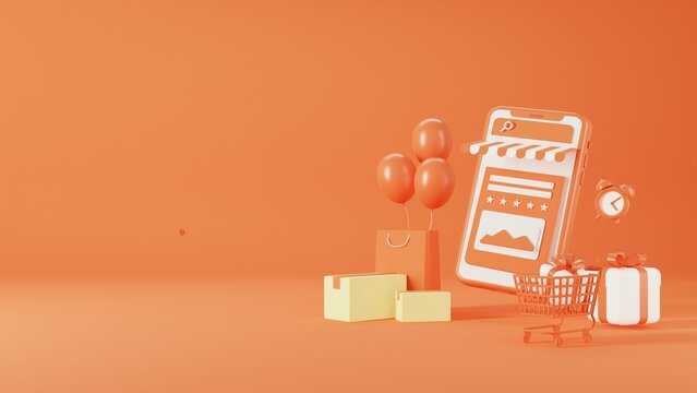 3d rendering of promotion sale with orange podium gifts, shopping bag and balloon on minimal orange background.