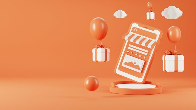 3d rendering of promotion sale with orange podium gifts, shopping bag and balloon on minimal orange background.