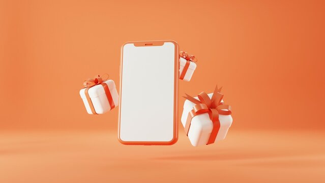 Orange Mobile Phone Mockup With Orange Blank Screen And Carboard Box With Gifts. Shipping Service. Shopping Online And E-commerce Concept. 3d Rendering Illustration.