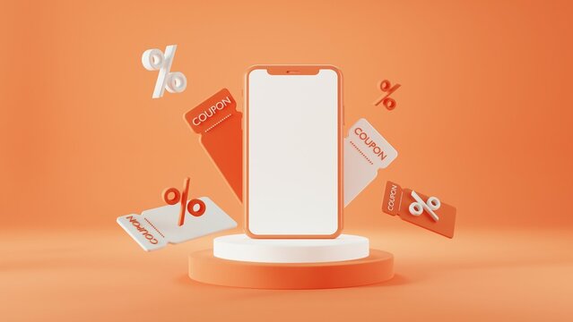 orange mobile phone mockup with orange blank screen and carboard box with gifts. Shipping service. Shopping online and e-commerce concept. 3d rendering illustration.