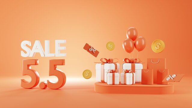 orange 5.5 Shopping sale day Poster or banner with gift box and shopping bag.5 May sales banner template design for social media and website. 3d rendering