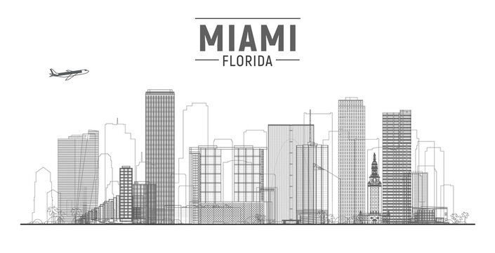 Miami Florida line city skyline with panorama in white background. Vector Illustration. Business travel and tourism concept with modern buildings. Image for banner or web site.