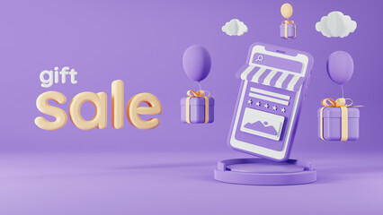 3d rendering of promotion sale with gifts, shopping bag and credit card on purple background. 3d rendering