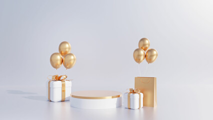 3d rendering of promotion sale with gifts and balloon on minimal Gold White background.