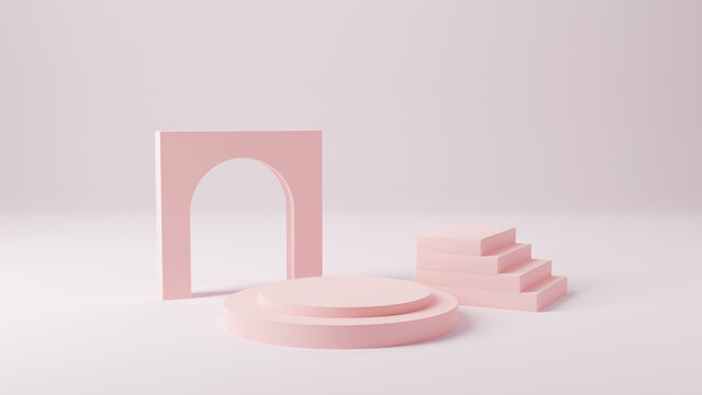 Pink Product Background Stand Or Podium Pedestal On Empty Display With Pastel Backdrops. 3D Rendering.