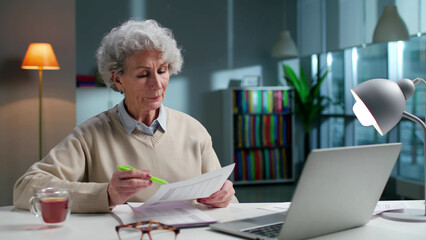 Senior woman does home finances using laptop at home