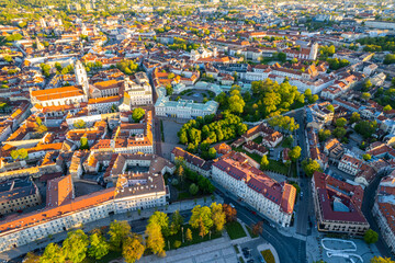 Aerial spring evening view in sunny Vilnius old town - obrazy, fototapety, plakaty