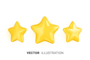 Three gold stars icon. Glossy yellow stars shape. Customer feedback or customer review concept. Realistic 3d vector illustration on white background