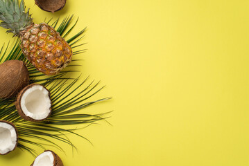 Summer holidays concept. Top view photo of tropical fruits pineapple coconuts and palm leaves on...