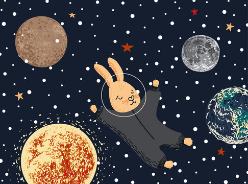 Vector illustration with outer space. Cute template with astronaut hare, rocket, sun, moon, earth, planets, and stars. Design for the site, stationery, clothes, textiles, wallpaper, and nursery.