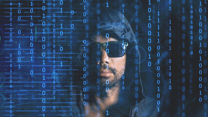 Concept of hackers and cyberpunk or identity theft of computer networks. a man who does not trust...