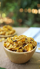Close up honey caramel cornflakes with raisins and cashews