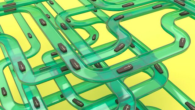 Coffins conveyor minimal design 3d style able to loop seamless 4k