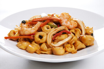 Pasta with mixed seafood and mixed vegetables