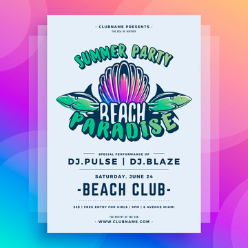 Colored summer beach party poster template design with place for text vector illustration. Neon blurred gradient disco music sound promo placard seashell and shark advertising decorative invitation