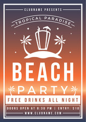 Obraz premium Tropical paradise summer beach party poster vibrant design template place for text vector flat illustration. Exotic nightclub disco holiday announcement placard cocktail at island palm trees mockup