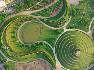 Aerial view of Parco del Portello in Milan, near CityLife, Lombardia. View from the height of park...
