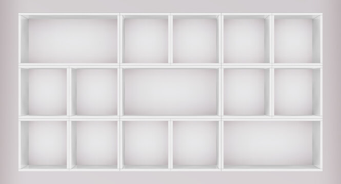 3D vector mockup of white empty cabinet with shelves on the wall. Kitchen furniture or bookshelf for office and home. Shop, gallery showcase. Blank retail storage space. Interior design furniture