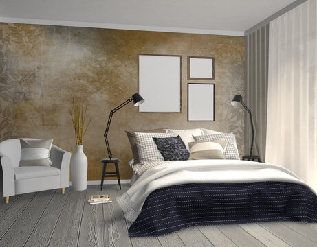 mock up blank poster on the wall of hipster bedroom, 3D rendering, 3D illustration