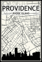 Light printout city poster with panoramic skyline and streets network on vintage beige background of the downtown PROVIDENCE, RHODE ISLAND