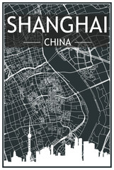 Dark printout city poster with panoramic skyline and streets network on dark gray background of the downtown SHANGHAI, CHINA