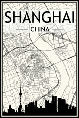 Light printout city poster with panoramic skyline and streets network on vintage beige background of the downtown SHANGHAI, CHINA