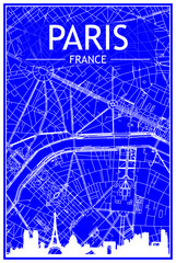 Technical drawing printout city poster with panoramic skyline and streets network on blue background of the downtown PARIS, FRANCE