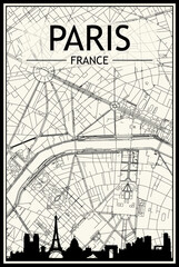 Light printout city poster with panoramic skyline and streets network on vintage beige background of the downtown PARIS, FRANCE