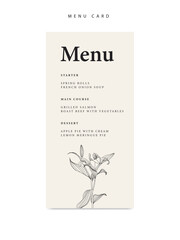 Minimalist wedding menu template with lily flower - obrazy, fototapety, plakaty
