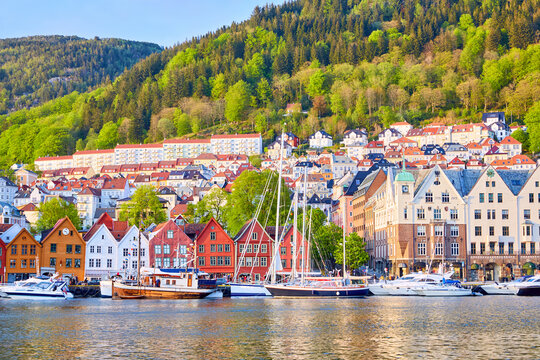 Bryggen embankment with yachts in Bergen, Norway