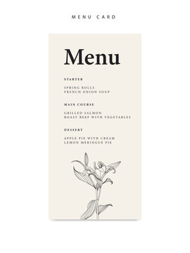 Minimalist wedding menu template with lily flower