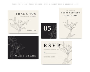 Minimalist wedding stationary template with lily flower