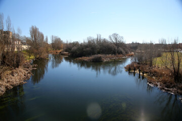 Fototapeta premium Scenic view of the Tormes River with reflection of plants and trees