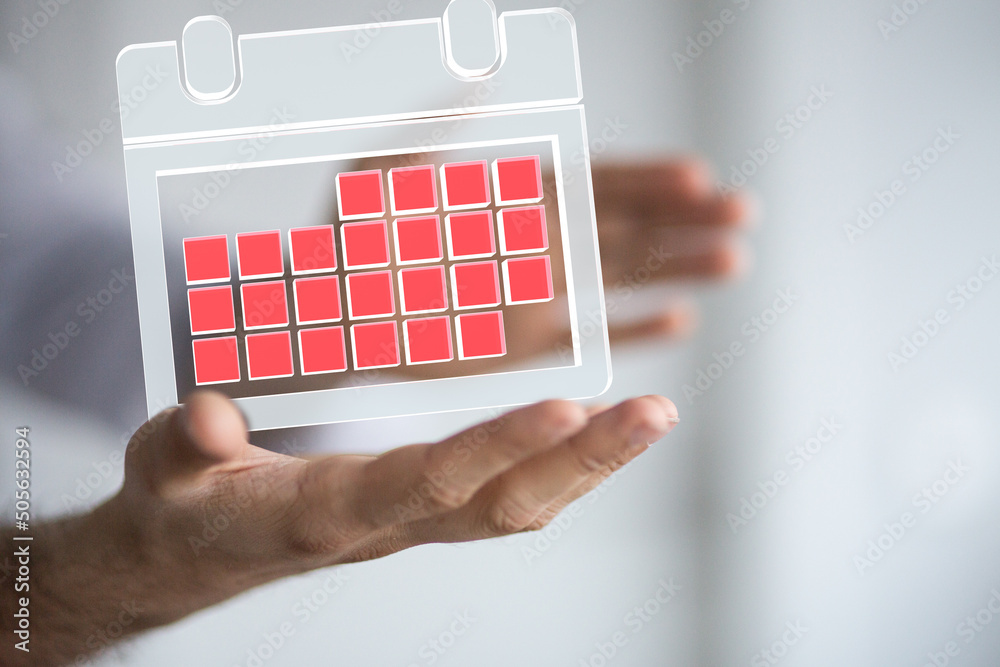 Poster Minimal calendar icon with hand isolate on soft pink background. Paper calendar icons. Calendar date  3d