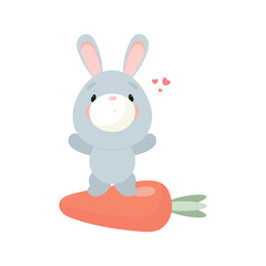 Cute Rabbit with carrot. Cartoon style. Vector illustration. For card, posters, banners, children books, printing on the pack, printing on clothes, fabric, wallpaper, textile or dishes.