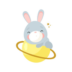 Cute Rabbit in the space. Cartoon style. Vector illustration. For card, posters, banners, children books, printing on the pack, printing on clothes, fabric, wallpaper, textile or dishes.