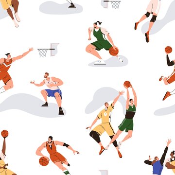 Basketball players pattern with athletes playing basket ball game. Seamless background with sport people print. Repeating texture with men, women dribbling, throwing. Colored flat vector illustration