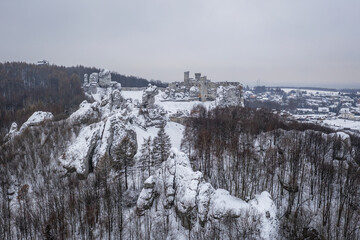 Distance view of Ruins of historic Ogrodzieniec Castle in Podzamcze village, Silesia region of...