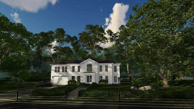 Mansion in neoclassical or Georgian colonial style. American architecture. This is a typical project . Trees in the background. View of the home from the road. 3d rendering.