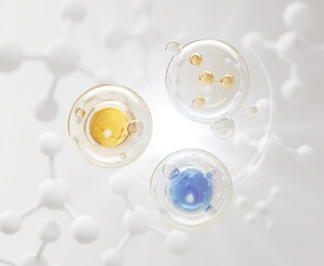 Fototapeta na wymiar Collagen Serum bubble on Molecule Background, cosmetic oil liquid advertising 3d rendering.
