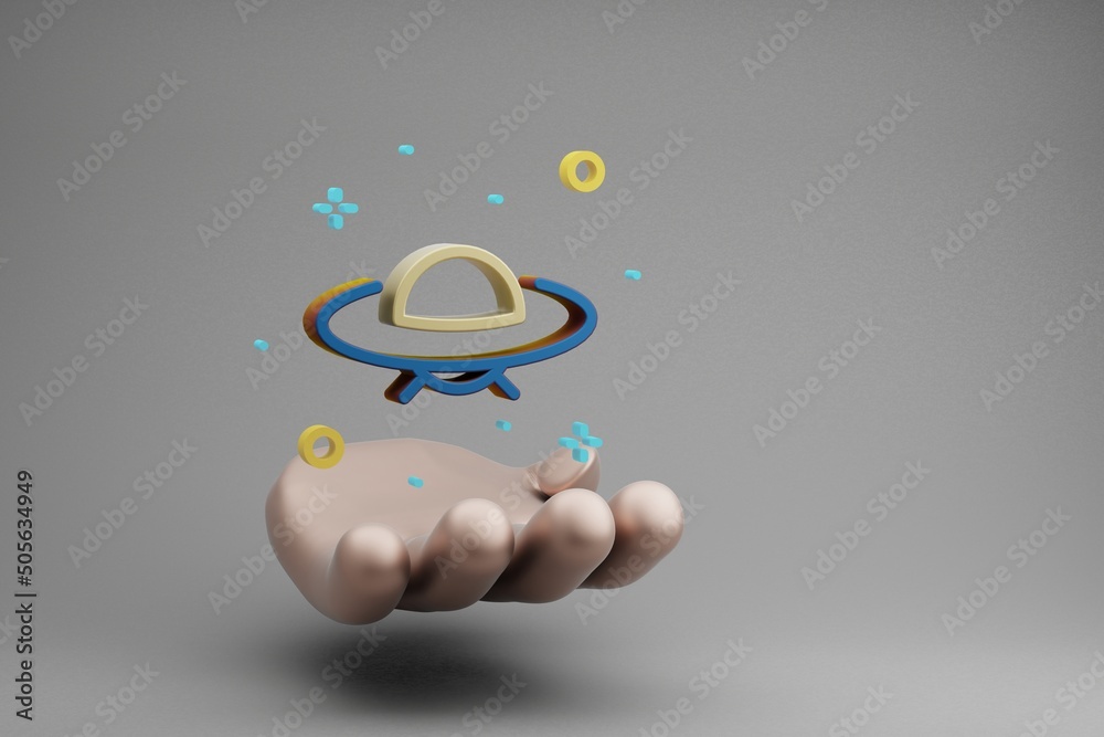 Poster beautiful abstract illustrations golden hand holding ufo and start symbol icon on a gray background.