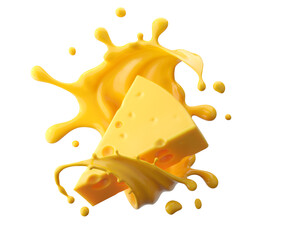 Cheese sauce splashing in the air with cheddar cheese, 3d rendering. - obrazy, fototapety, plakaty