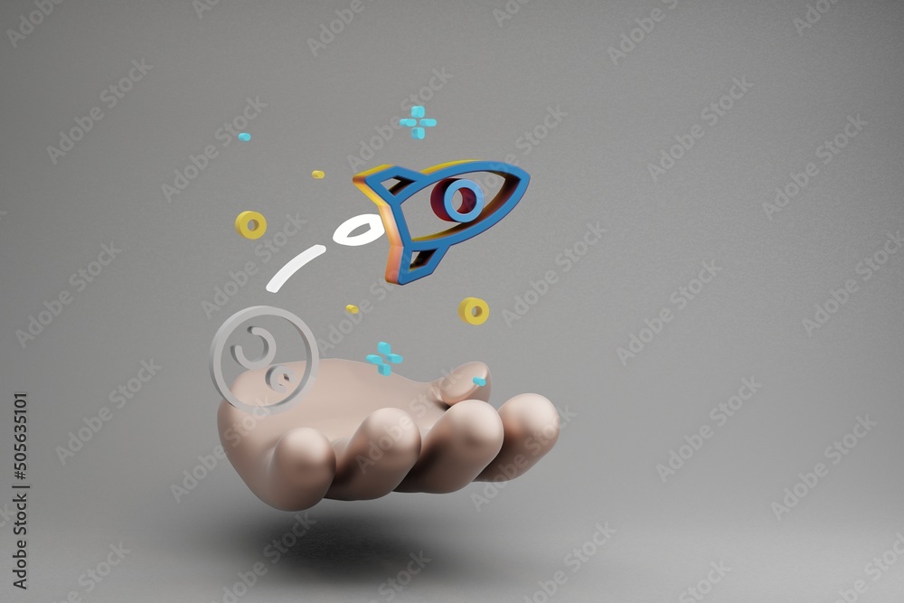 Aufkleber beautiful abstract illustrations golden hand holding rocket launch symbol icon on a gray background.