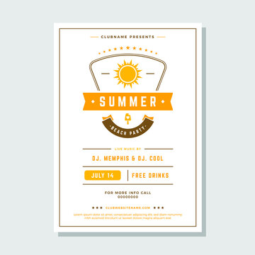 Vintage Summer Party Decorative Poster Template Design With Yellow Sun And Ice Cream Vector Illustration. Retro Tropical Weekend Social Event Announce With Place For Text Paradise Nightlife Invitation