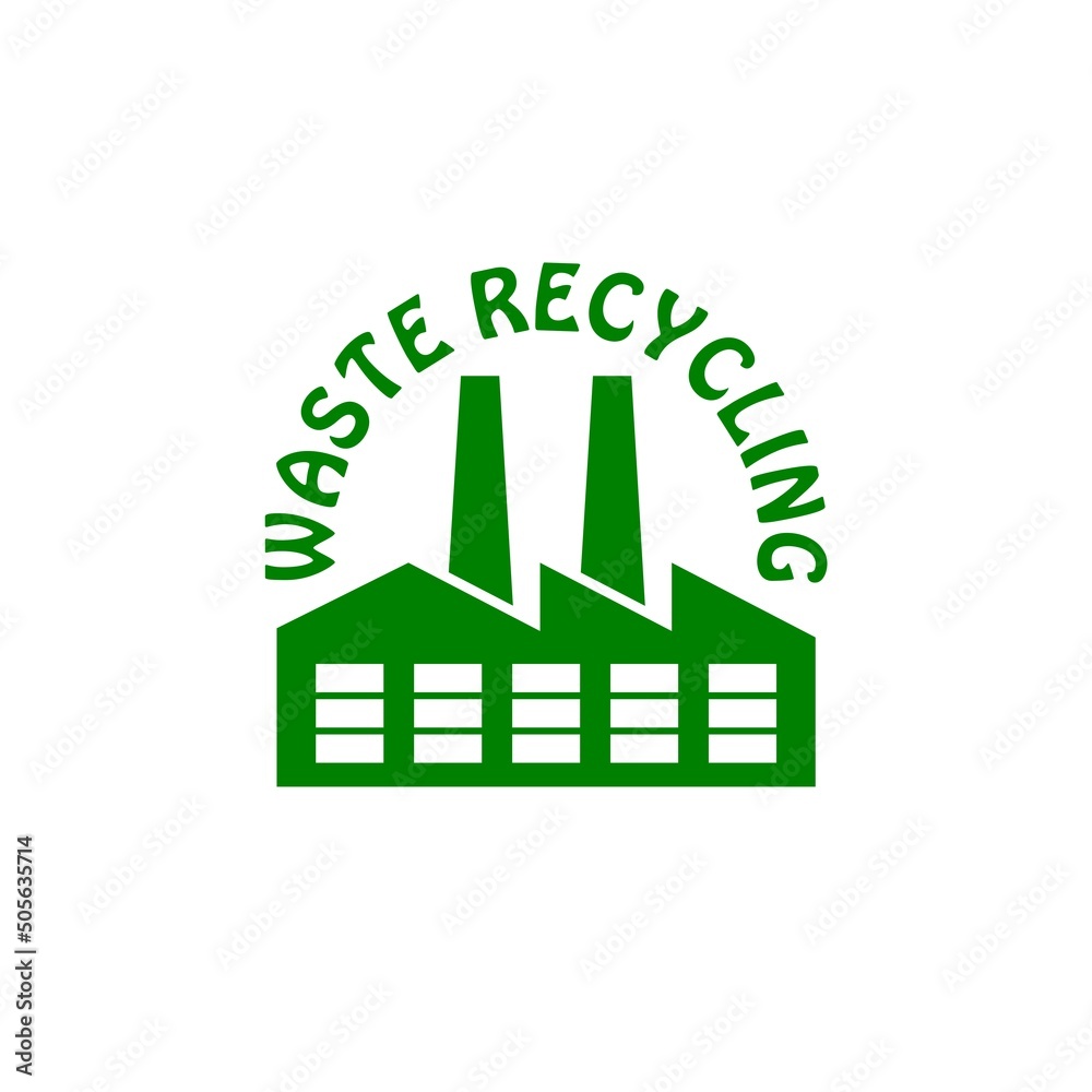 Sticker Waste recycling factory icon. Plant recycling garbage, industrial waste factory isolated on white background