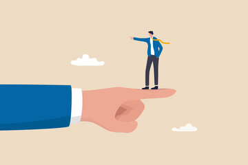 Employee conflict direction, argument between coworker, different thought, disagreement or opposite way, decision issue concept, tiny businessman standing on giant hand pointing in opposite direction. - obrazy, fototapety, plakaty