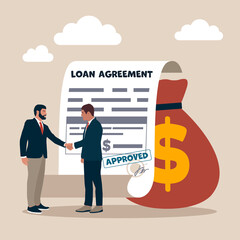 Businessman shaking hand with loan agreement and money bag. Loan agreement borrow money from bank, mortgage, debt or obligation to pay back interest rate, personal loan or financial support concept. - obrazy, fototapety, plakaty