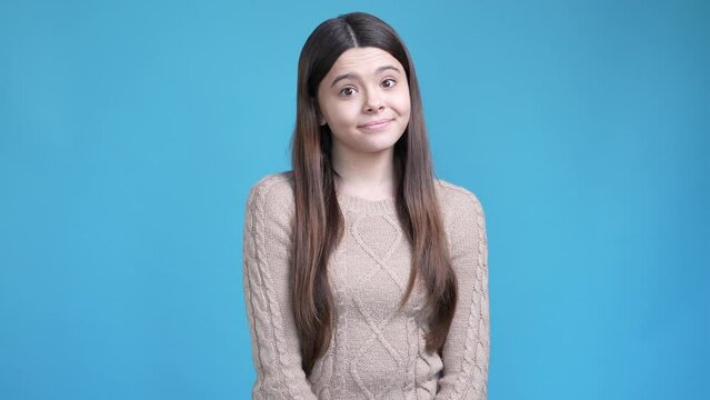 Preteen kid share secret feel sorry isolated blue color background