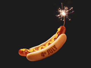 tasty american hotdog fireworks. 4th july holiday concept. creative explose of good taste - obrazy, fototapety, plakaty