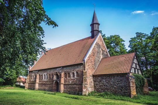 Side view of gothic church from 14th century in Chlebowo village, West Pomerania region of Poland